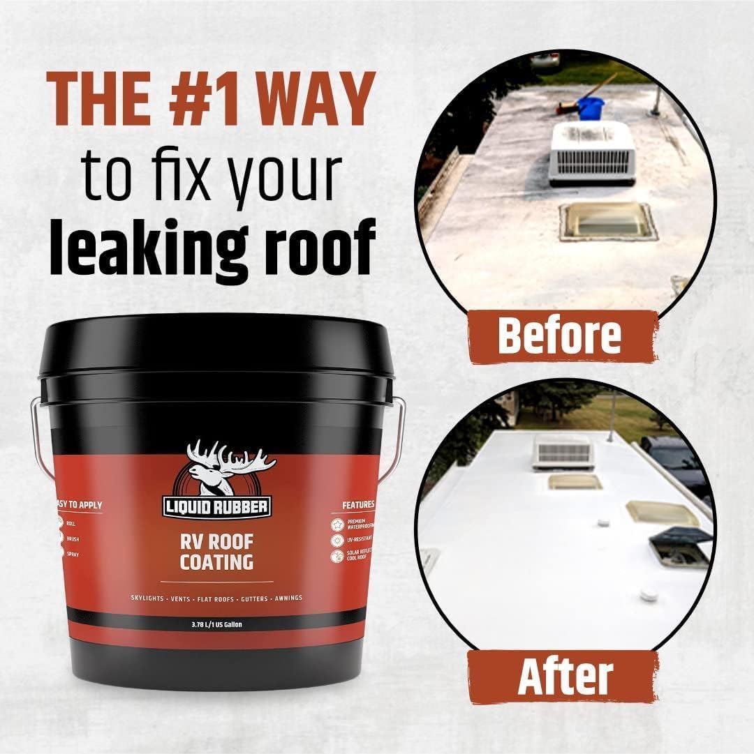 Liquid Rubber Rv Roof Coating Solar Reflective Sealant Waterproof Trailer Roof Repair Kit Includes: Rv Roof Coating 5 Gallon, Edpm Primer 1G, Smart Cleaner 1 Gallon, Seam Tape, Lap Sealant