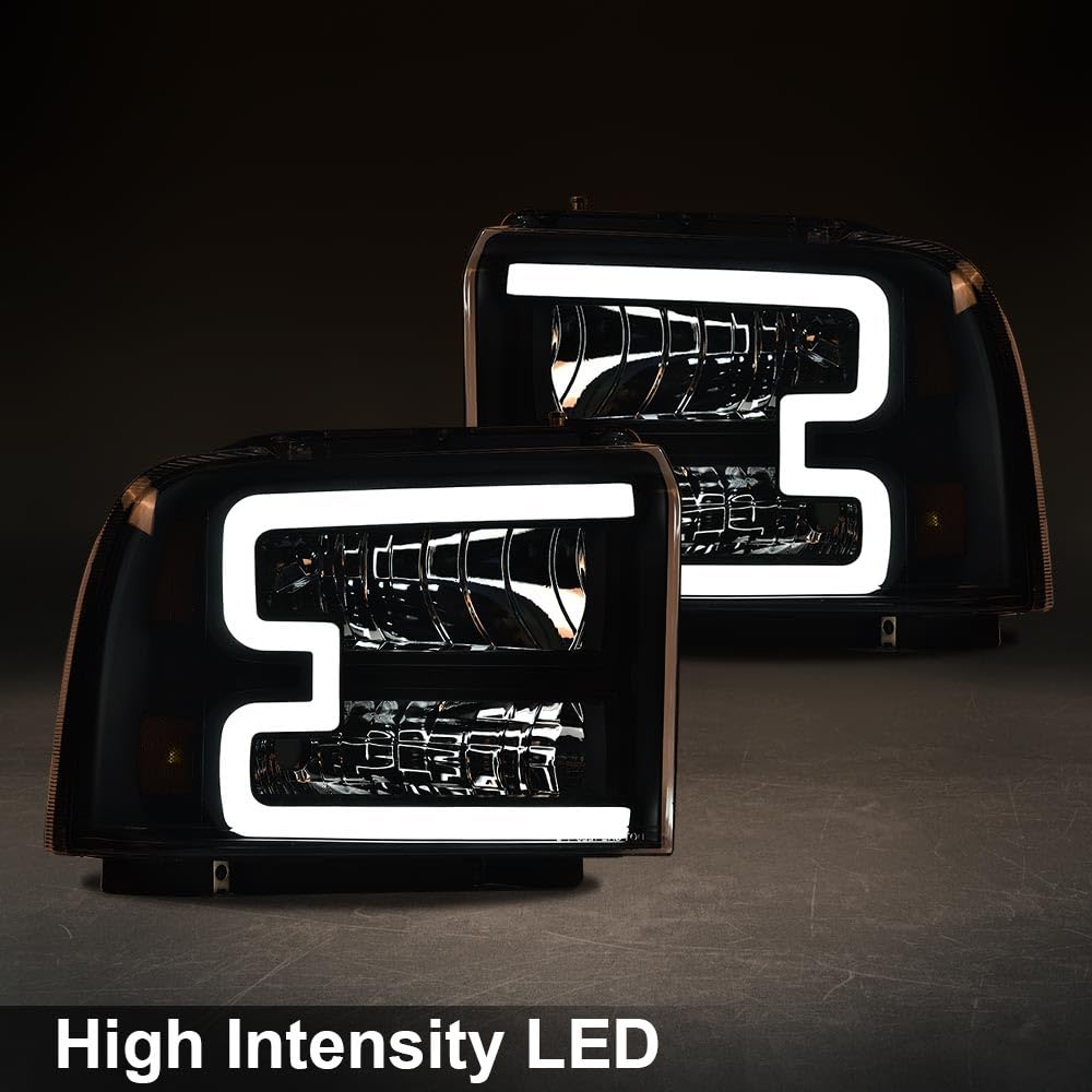 CHEDA LED DRL Headlights Assembly for 2005-2007 Ford F250 F350 F450 F550, Clear Lens Black Housing Amber Reflector, Model 02HLA1220BB