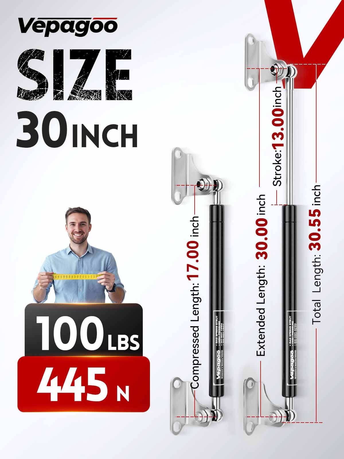 Vepagoo 30 Inch Gas Struts 100Lb Shock with Mounting Brackets, Heavy Duty Lid Springs for RV Bed Storage, Black, 2pcs