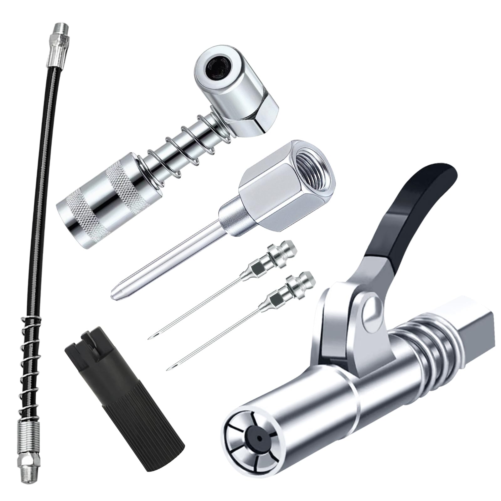 Grease Gun Accessory Kit,includes Grease Needle Dispenser, 2pcs Grease Needle Nozzles, 90 Degree Grease Coupler Adapter with Sle