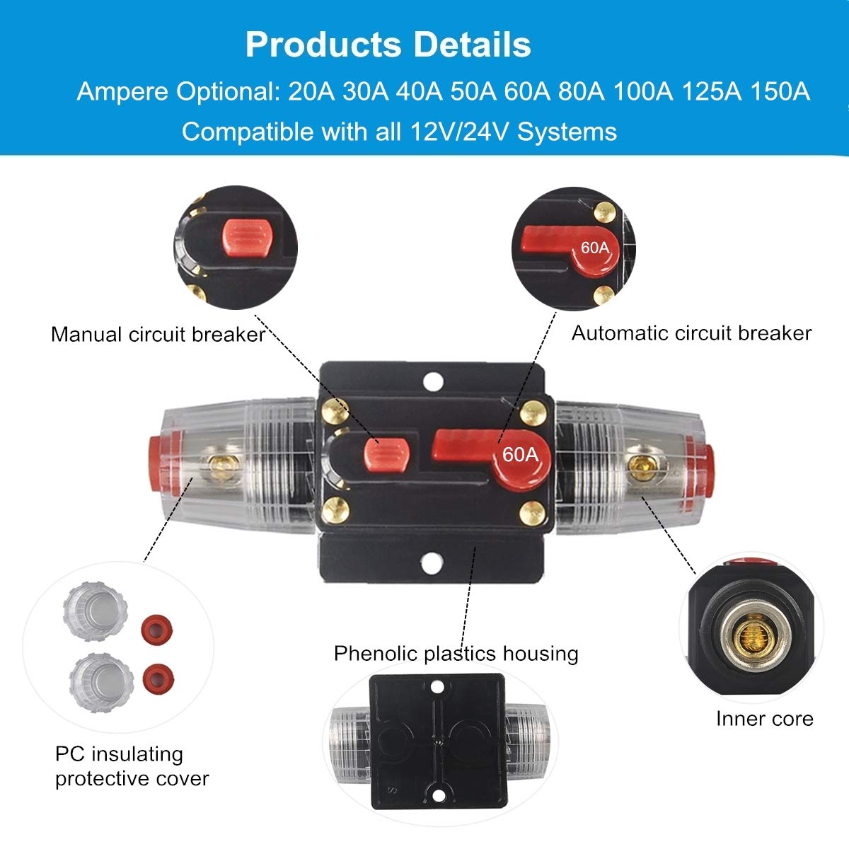 Wohhom 30A 40A 50A 60A 80A 100A 150A Amp Audio Circuit Breaker Auto Car Stereo Inline Fuse Holders Inverter, Manual Reset 12V-24