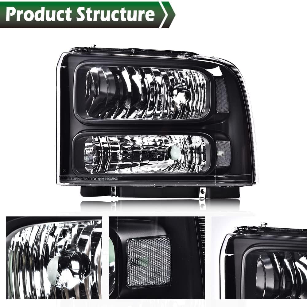 G-PLUS Headlight Assembly for 1999-2004 Ford F250 F350 F450 F550 & 2000-2004 Excursion, Clear Lens, Black Housing, ABS Plastic