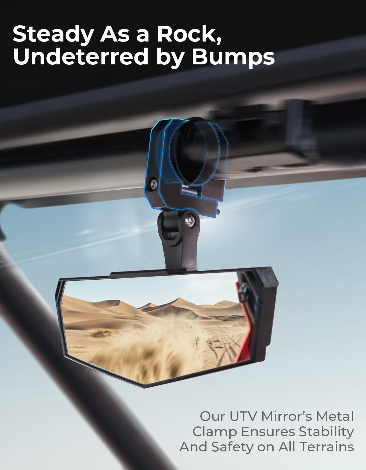 kemimoto UTV Center Mirror - Clear View, 360° Adjustable, Rustproof Aluminum Clamp, Compatible with Polaris RZR, Black