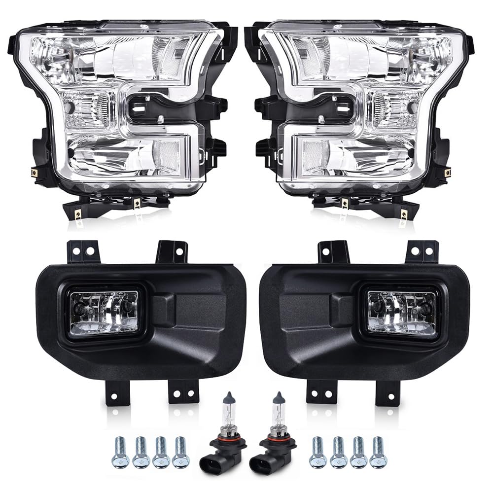 GRAND ORANGE Headlights + Clear Fog Lights Assembly Compatible with Ford F150 2015 2016 2017 4PCS Clear Lens Chrome Housing Clea