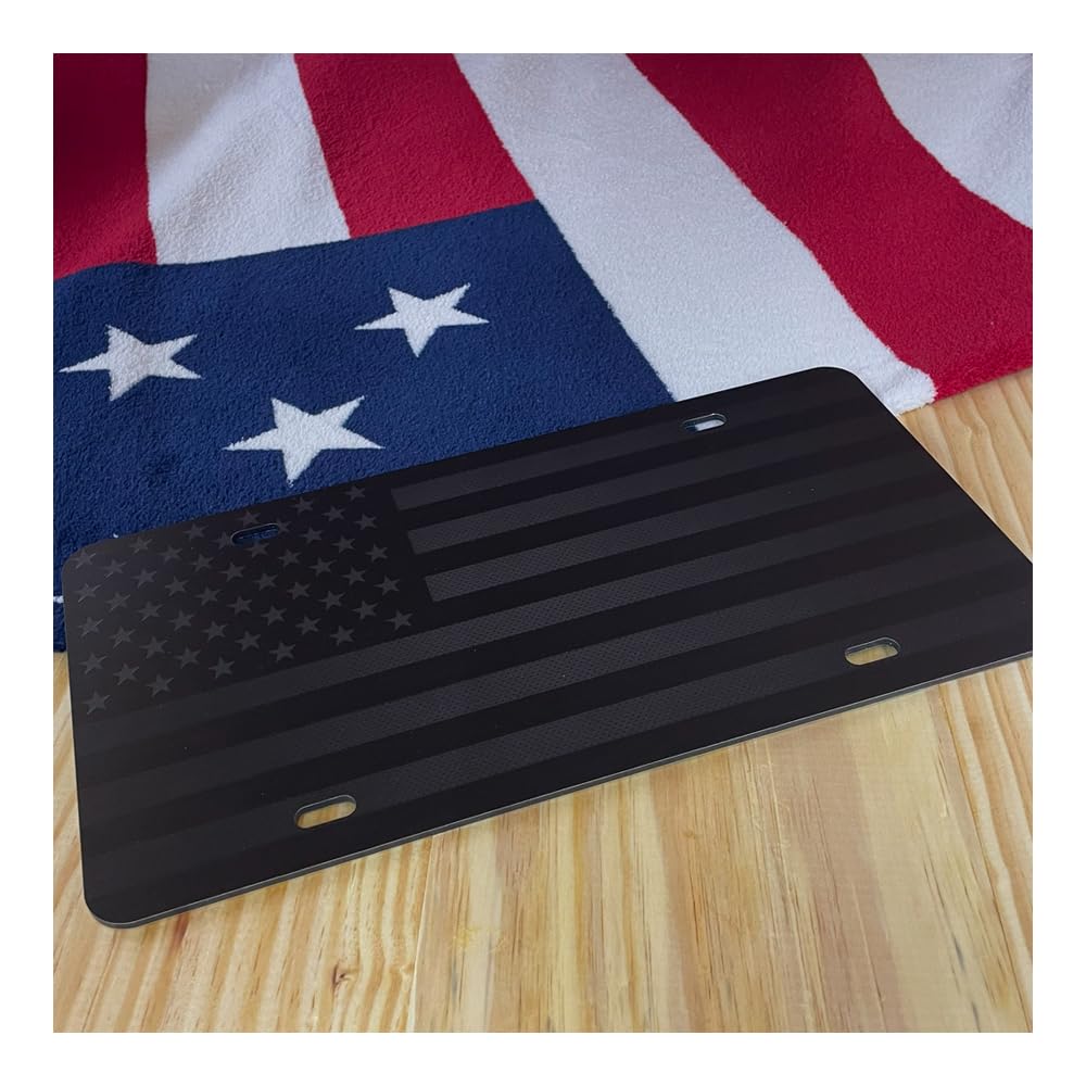 Not Made In China Almost Invisible Hidden American Flag License Plate Matte Black On 1/8'' Black Aluminum Composite Heavy Duty T