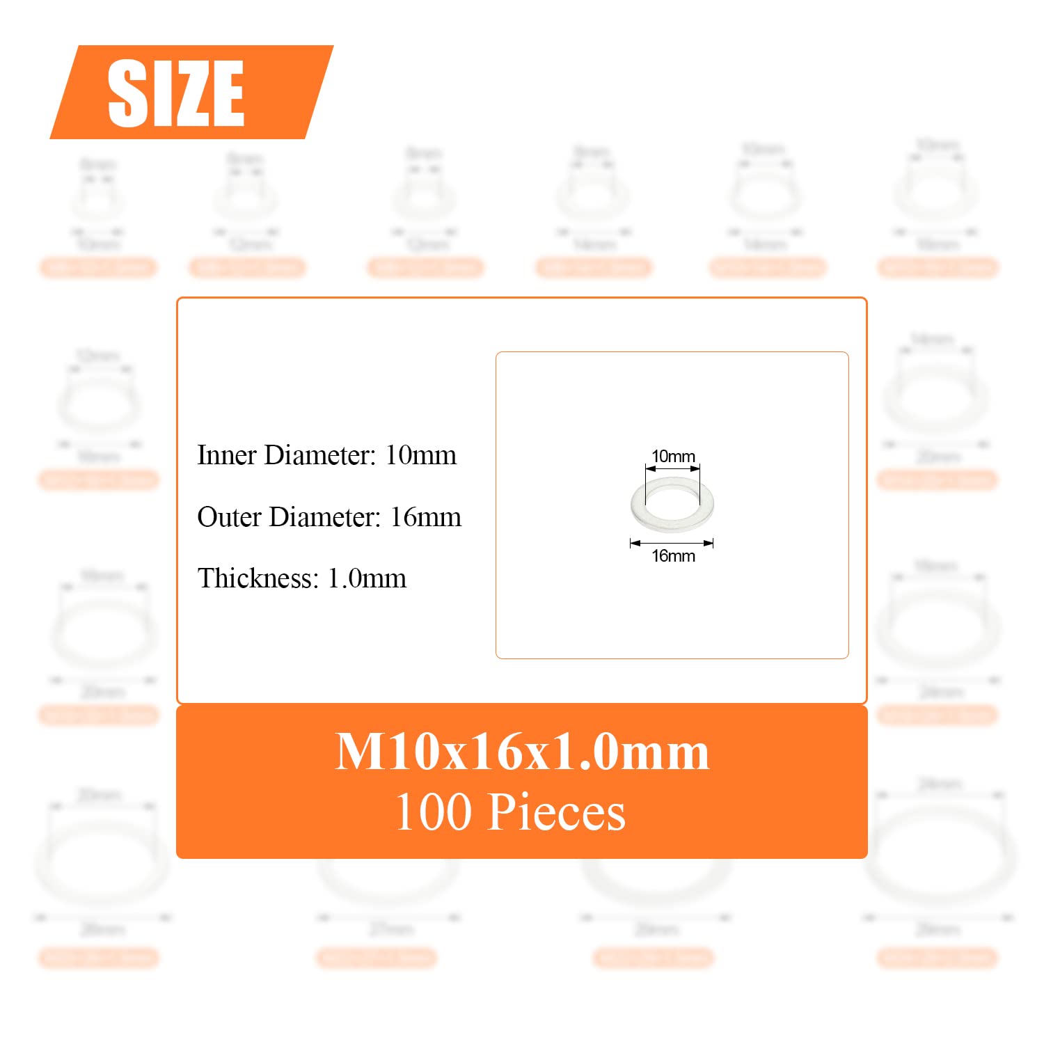 Helifouner 100 Pieces M10X16X1.0Mm Automotive Drain Plug Gaskets, Oil Crush Washers, Aluminum Flat Washers, Inner Diameter 10Mm, Outer Diameter 16Mm, Thickness 1.0Mm