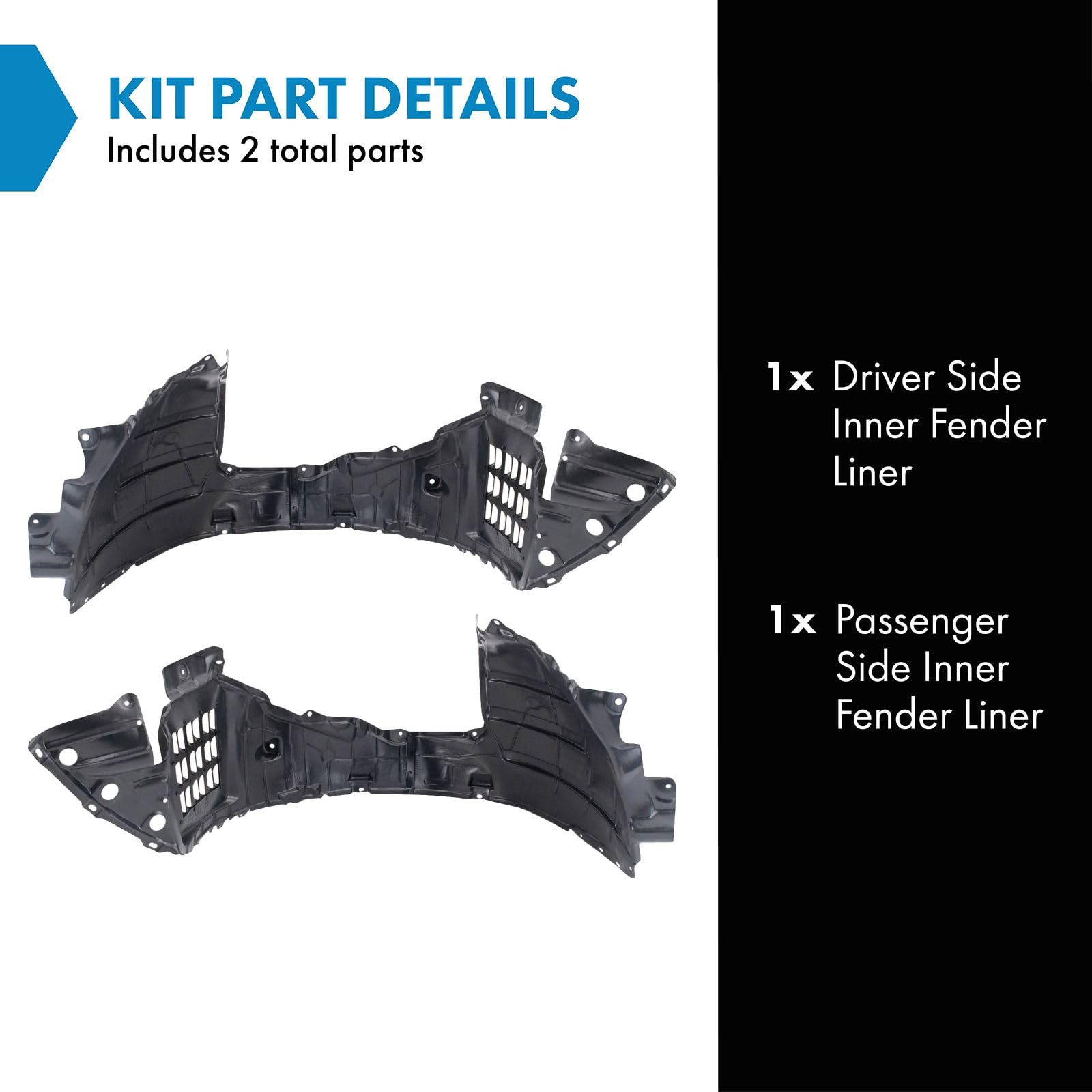 TRQ Inner Fender Liner Set for 2015-2020 INFINITI QX60/Nissan Pathfinder, Black, Metal, Model BDA14634