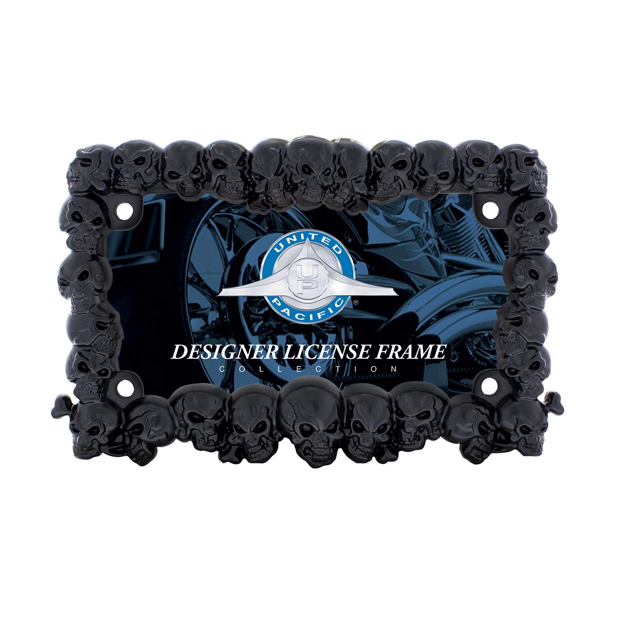 United Pacific 50113 Zinc Diecast Satin Black 3-D Skull Motorcycle License Plate Frame, All Over Skull Design, Gothic License Pl