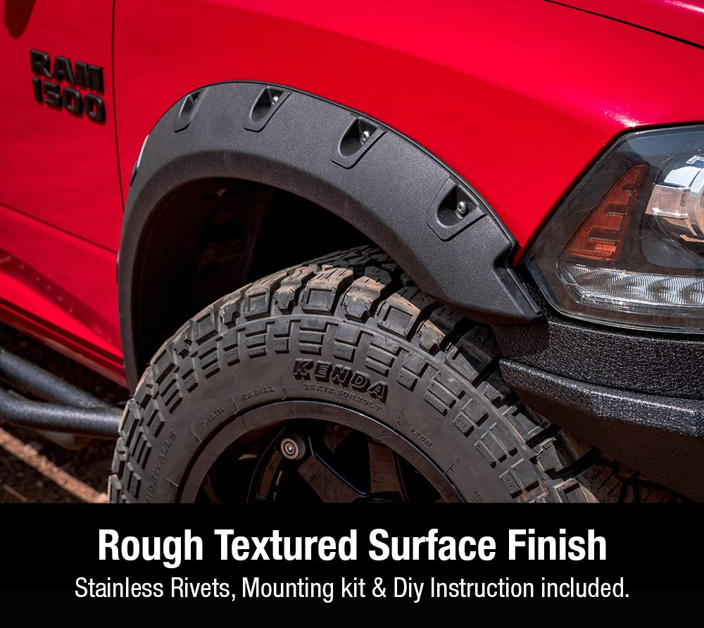 Tyger Auto Tg-Ff8D4147 For 2009-2018 Dodge Ram 1500; 2019-2020 1500 Classic | Exclude R/T And Rebel Models | Black Rugged-Textured Pocket Bolt-Riveted Style Fender Flare Set, 4 Piece