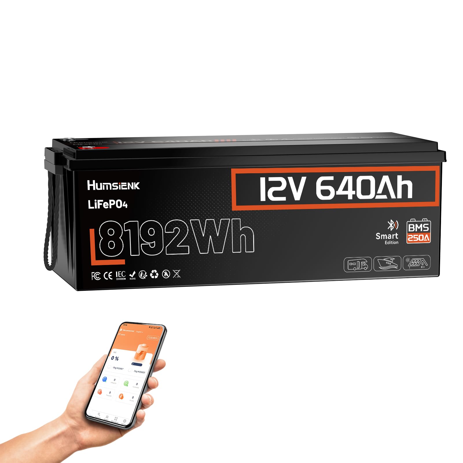 HumsiENK 12V 640Ah LiFePO4 Lithium Battery Bluetooth, 250A BMS, 15000+ Cycles 600Ah+ LiFePO4 Battery, IP65 & Low Temp Protection