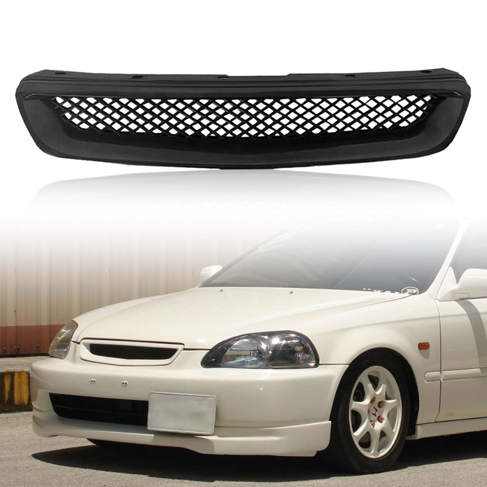 Kspeed Front Bumper Grille Fit 1996 1997 1998 for Civic CX/DX/EX/LX/HX,ABS Plastic Type-R Black Mesh Front Upper Grill Guard Rep