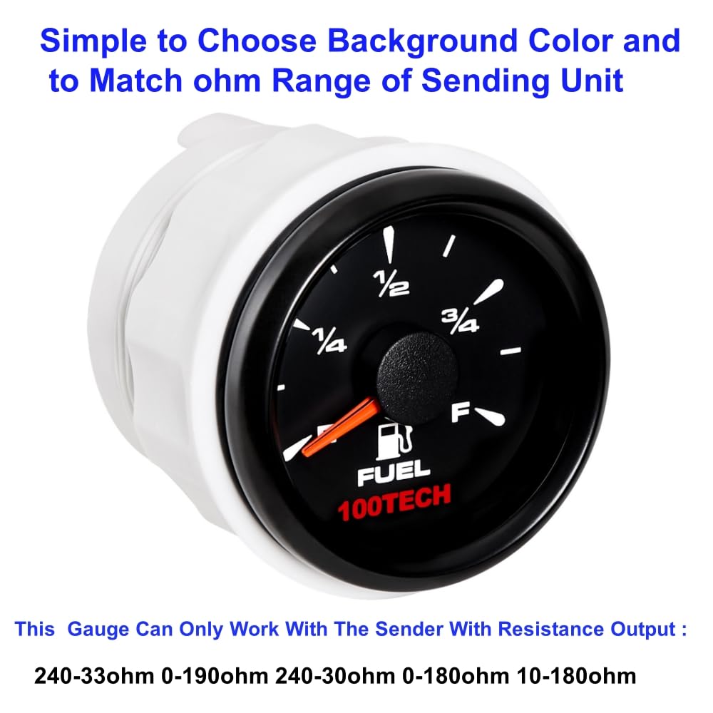 100Tech Marine Fuel Gauge Boat Gauge Fuel Gauge Aftermarket Fuel Level Gauge Marine Automotive Replacement Gauge 240-33Ohm 0-190Ohm 240-30Ohm 0-180Ohm 10-180Ohm Motocycle Car Truck Vehicle All Black