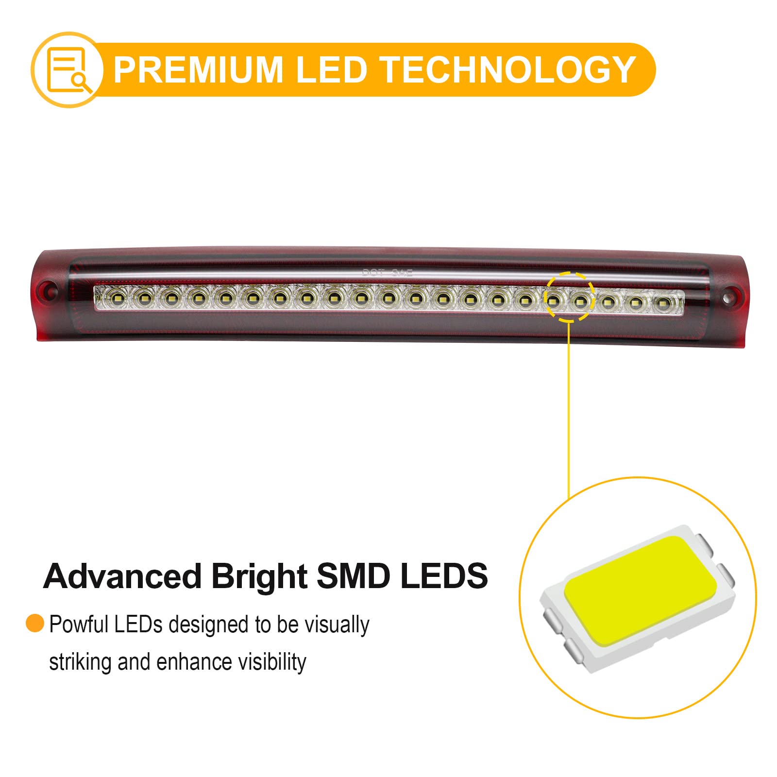 R&F Auto F1 Style Strobe Led Third Brake Light Replacement For F150 (1997-2003), F250 (1997-1999), Excursion (2000-2005) Roof Cargo Lights High Mount Stop Lamp With Seal Foam Gaskets Red Clear Lens