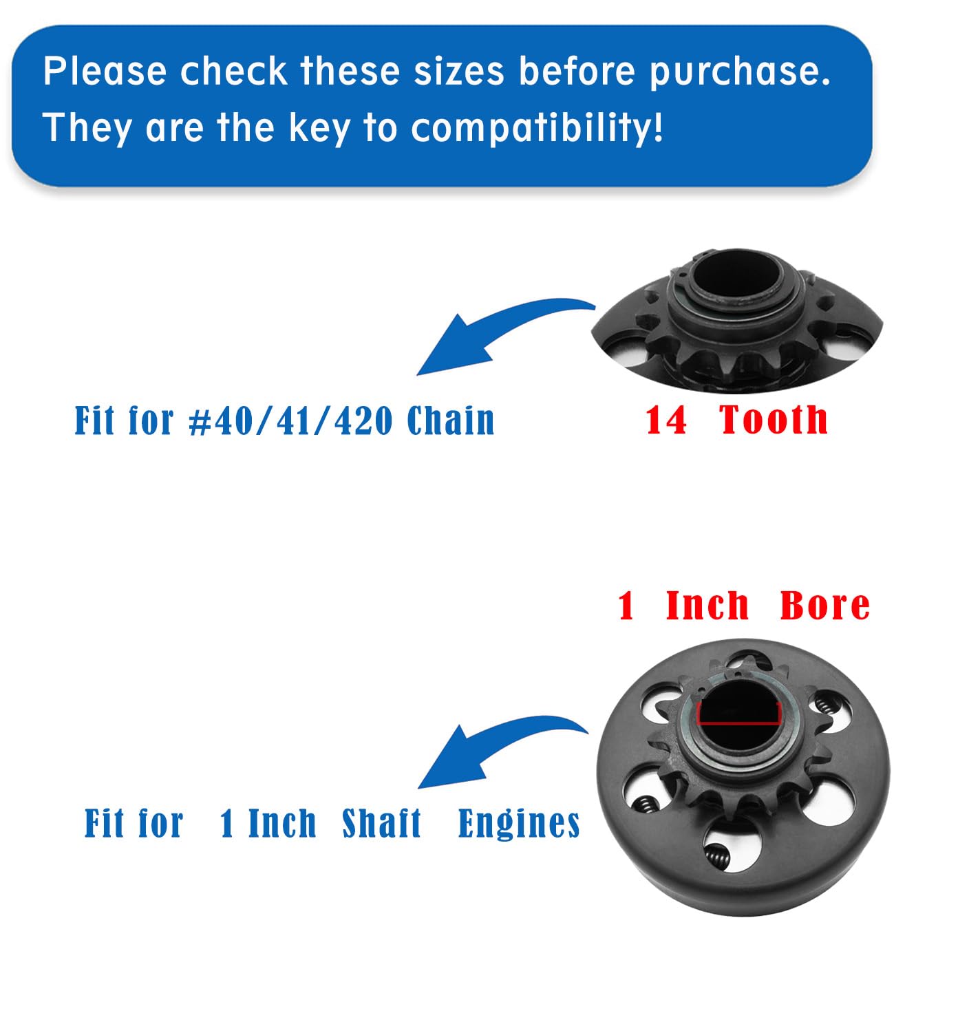 GYMMEDS Go Kart Centrifugal Clutch 1" Bore 14 Tooth for #40/41/420 Chain, Fits 212CC 6.5-8HP Engines, Up to