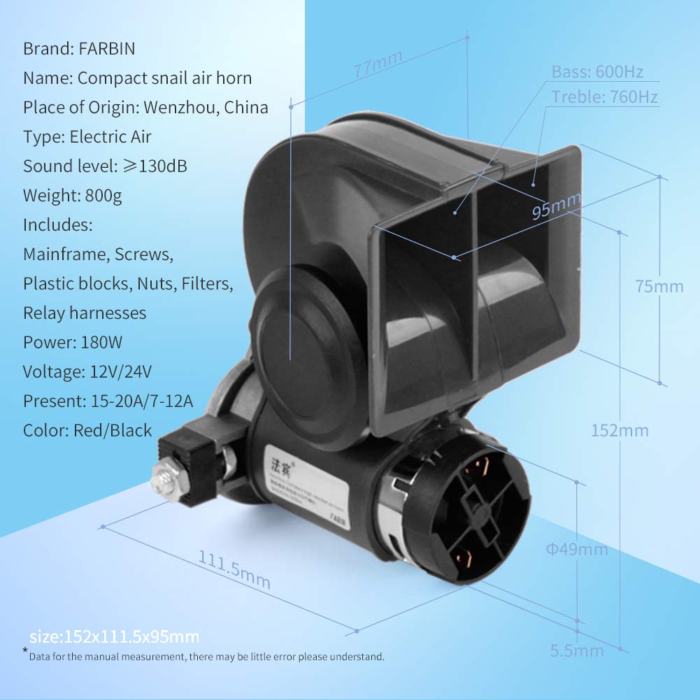 FARBIN 12V Train Horn for Truck, 150db Loud Snail Air Horn, Black, Includes Relay Harness for All Vehicles
