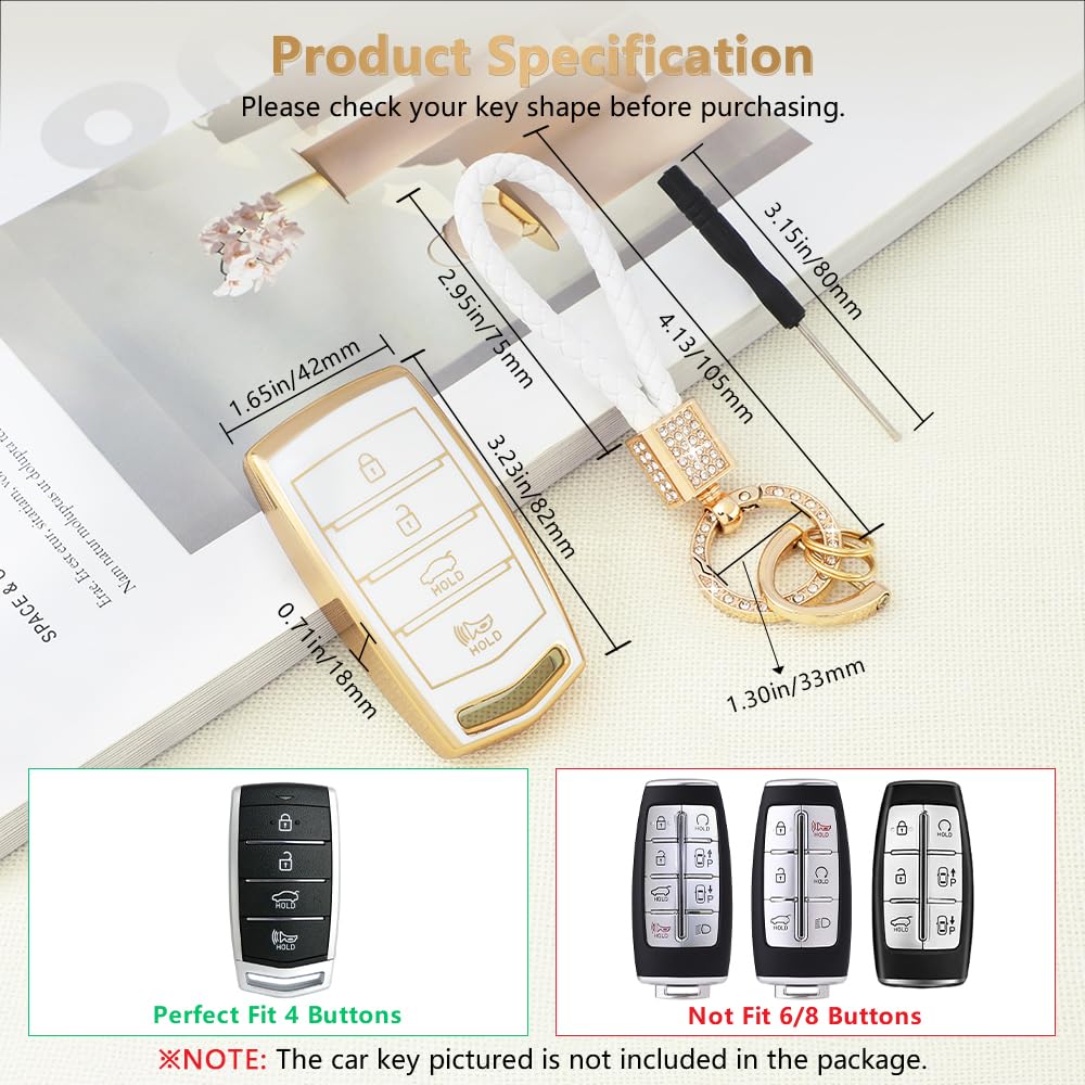 PIFOOG TPU Key Fob Cover for Genesis G80 G90 G70 - 4 Buttons, White Gold, Bling Design, Protective Shell Case for Women