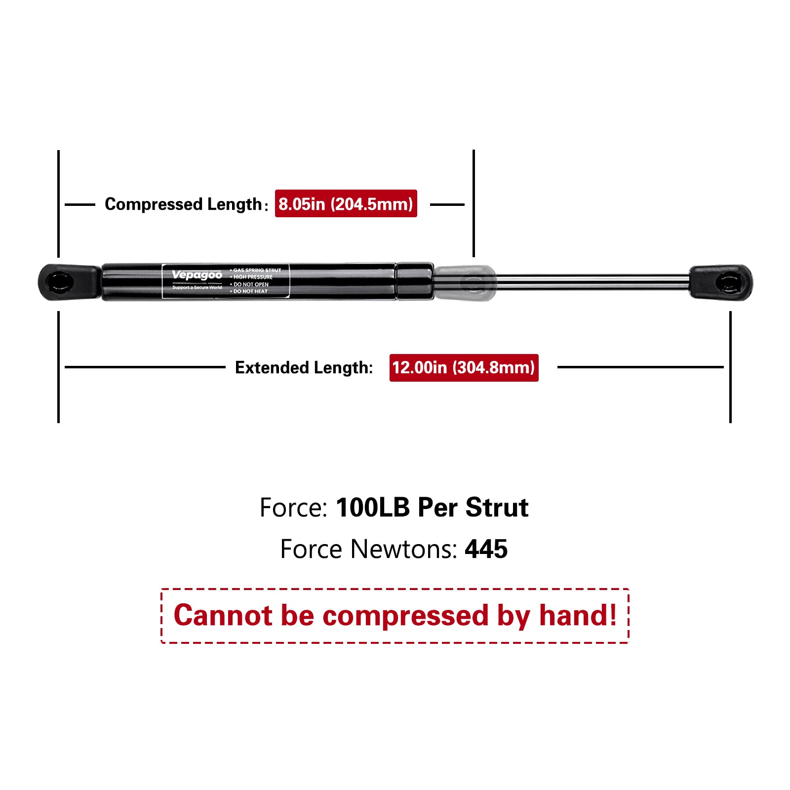 Vepagoo 12 Inch 100Lb Gas Struts Shocks For Camper Shell Rear Window, Weatherguard Tool Box Lid, Truck Canopy Cap Cover, Lift Su