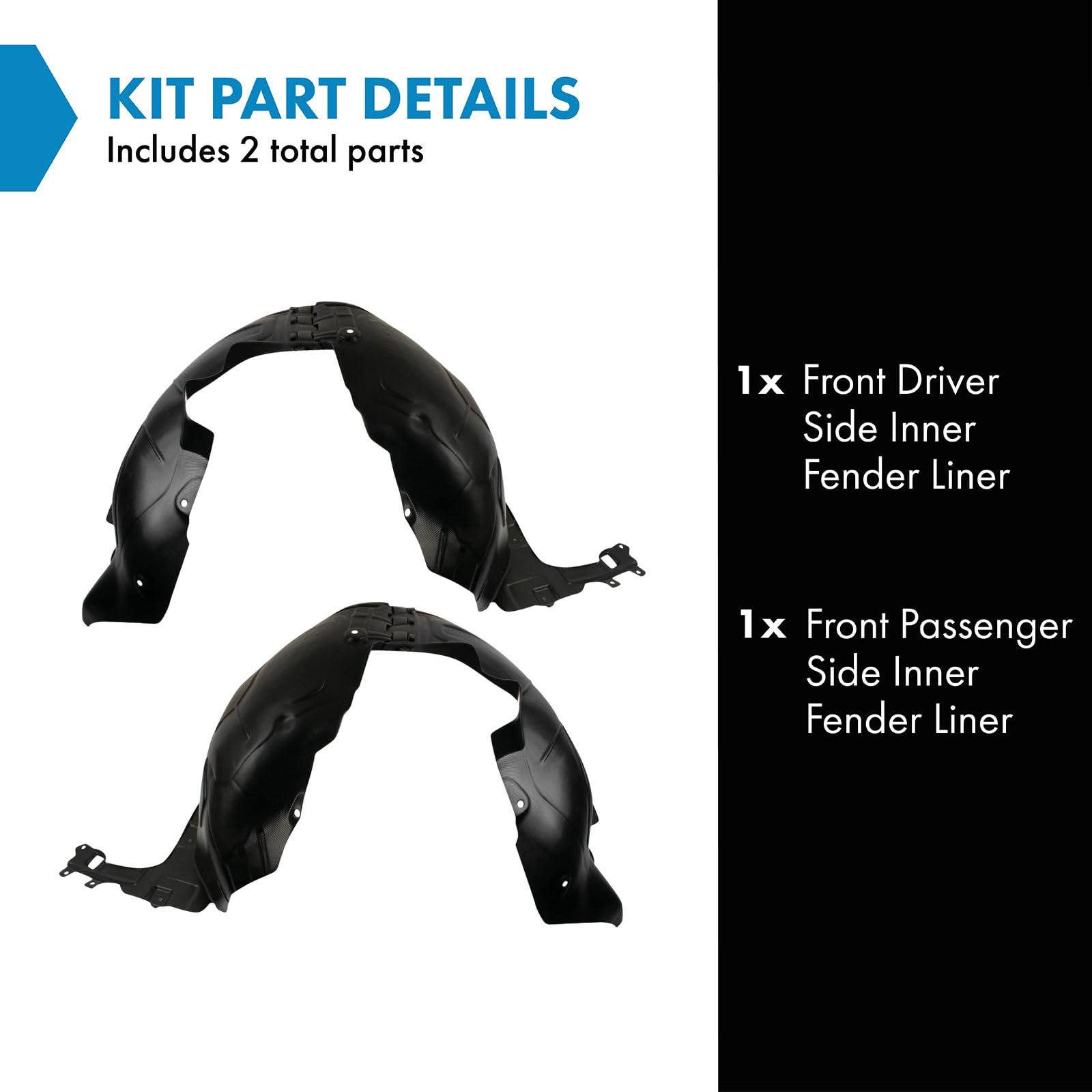 TRQ Front Inner Fender Liner Set for 2013-2015 Chevrolet Malibu, Black, Plastic, Model BDA06591