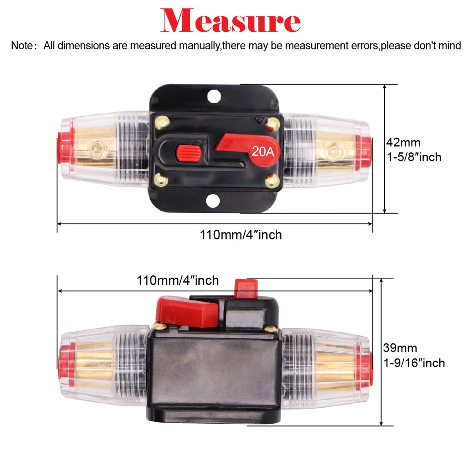 20A Audio Inline Circuit Breaker Reset Fuse Powmr Reset ,0-8 Gauge 20 Amp Fuse Holder With Manual Reset For 12V-24V Dc Car Audio