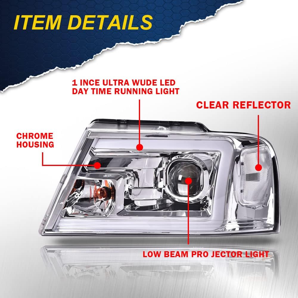 G-PLUS LED DRL Headlights for 2004-2008 Ford F150, ABS Plastic, Chrome Housing, Clear Lens