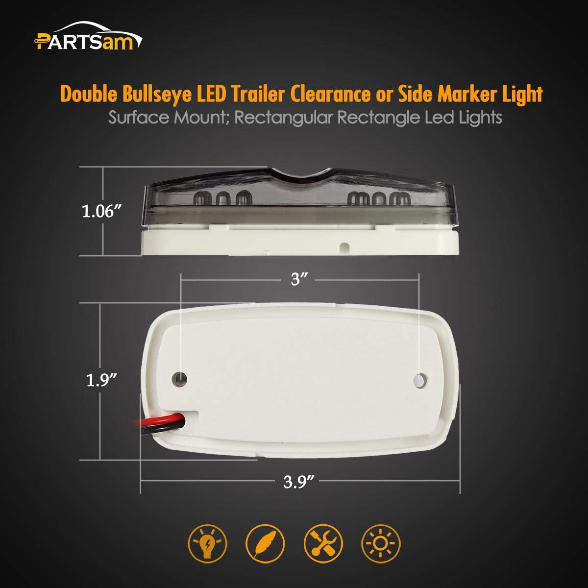 Partsam LED Side Marker Light, Red/Amber Double Bullseye, 4" Rectangular, Smoke Lens, Polycarbonate for Truck, Trailer, RV, Camper