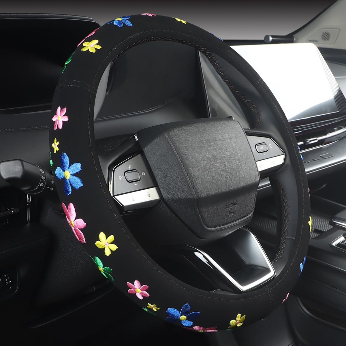 Embroidery Cute Steering Wheel Cover-Deluxe Floral Car Decor,Anti-Slip,Sweat Absorption,Universal 15 Inch (Floral1)