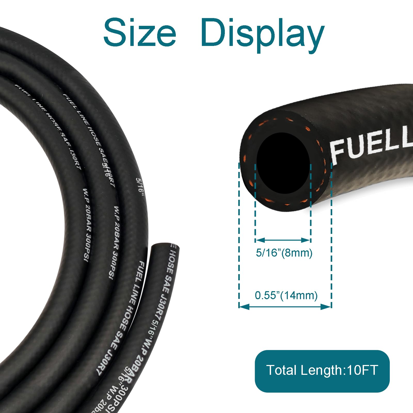HOUSUN Fuel Line 1/4 5/16 Inch ID, Fuel Hose 10FT 300PSI High-Pressure with 20 Clamps., J30R7 Fuel Line Hose NBR.