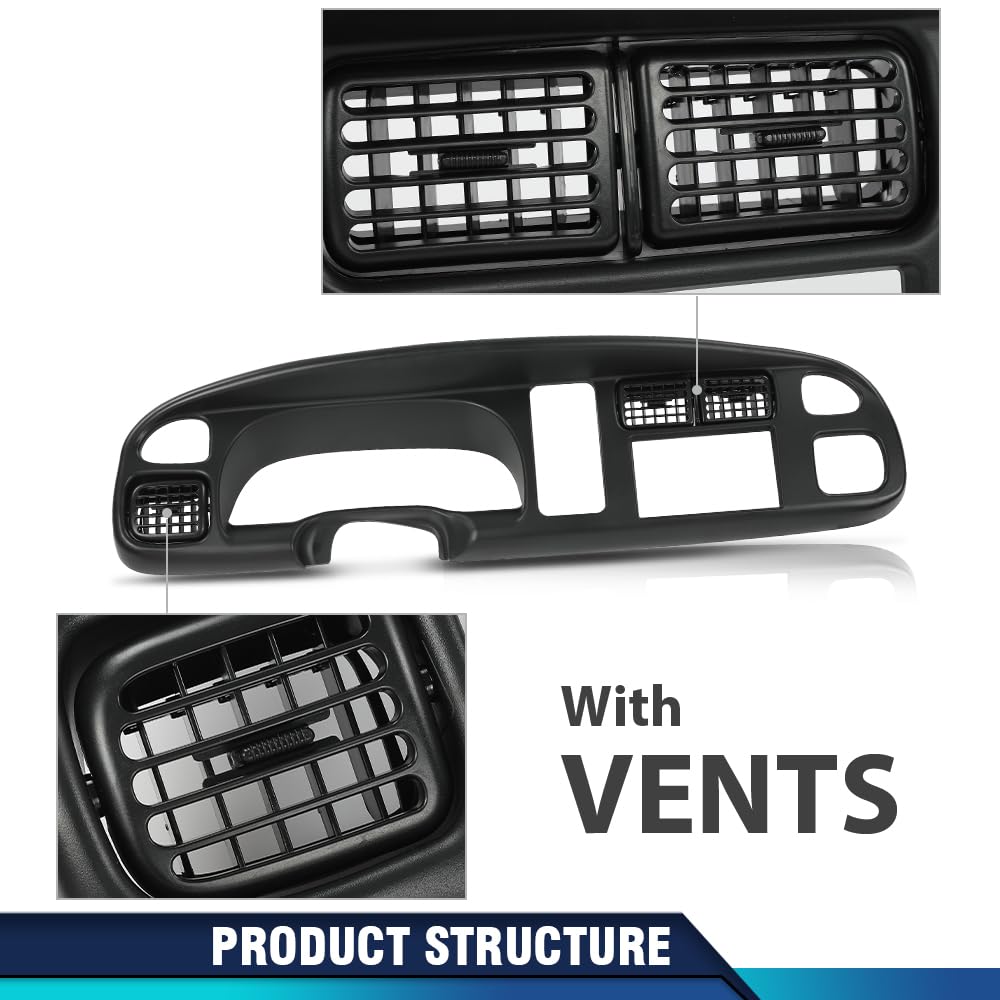 PIT66 Dash Board Bezel Cover for Dodge Ram 1500 1998-2001, Ram 2500/3500 1998-2002, Double Din with Vent, ABS