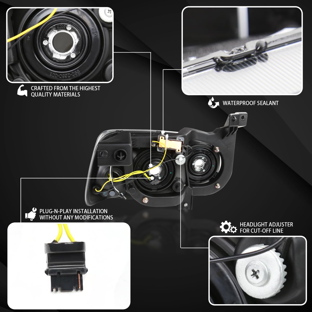 Autozensation Headlamp Assembly for 2006-2010 Dodge Charger, Black Housing, Clear Lens, Left + Right Pair with LED Strip and Turn Signal Light