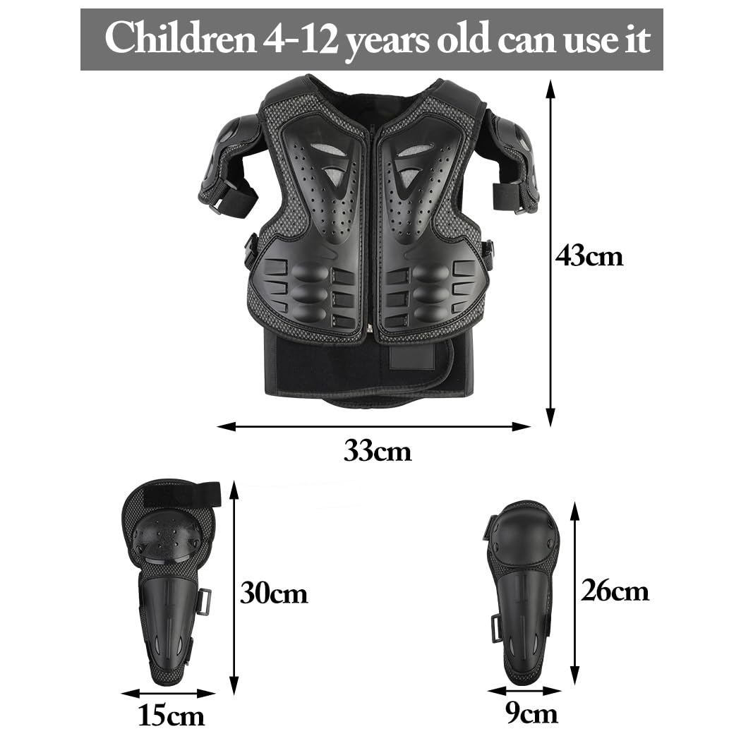 JUSTDOLIFE Youth Dirt Bike Gear - 5 PCS Motorcycle Armor Set, Black, Includes Jacket, Knee Pads, Elbow Pads, Chest Protector, Model JO611G06465AF3409W