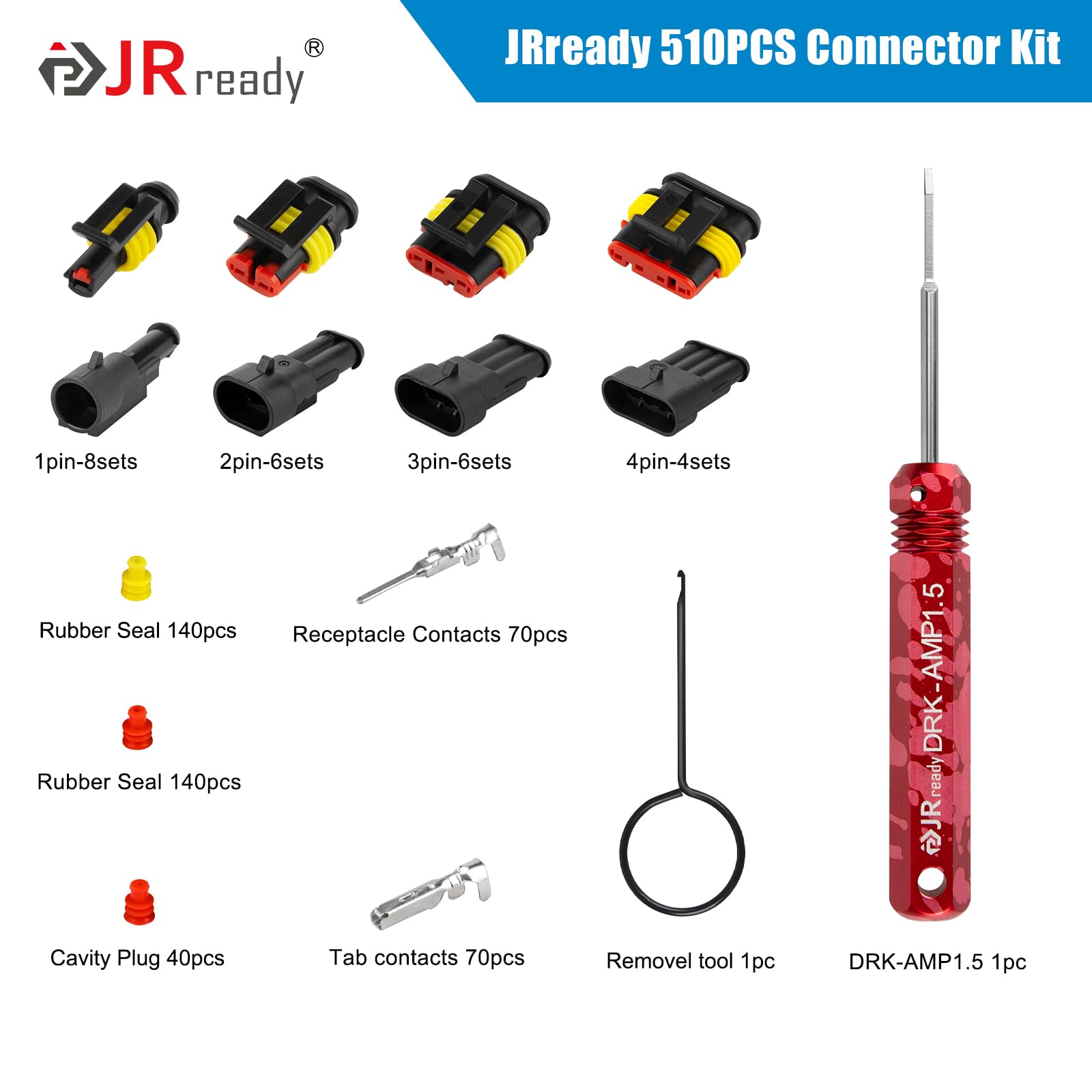 JRready ST6383 Waterproof Automotive Electrical Connectors kits 510PCS, 1/2/3/4 Pin Male&Female Connectors plugs,Stamped Formed