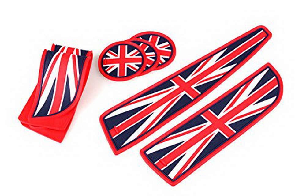 Ijdmtoy Union Jack Style Silicone Interior Cabin Mats Compatible With Mini Cooper R55 R56 R57 R58 R59, 7-Piece Red/Blue Cupholder Coasters, Side Door Compartment Liners