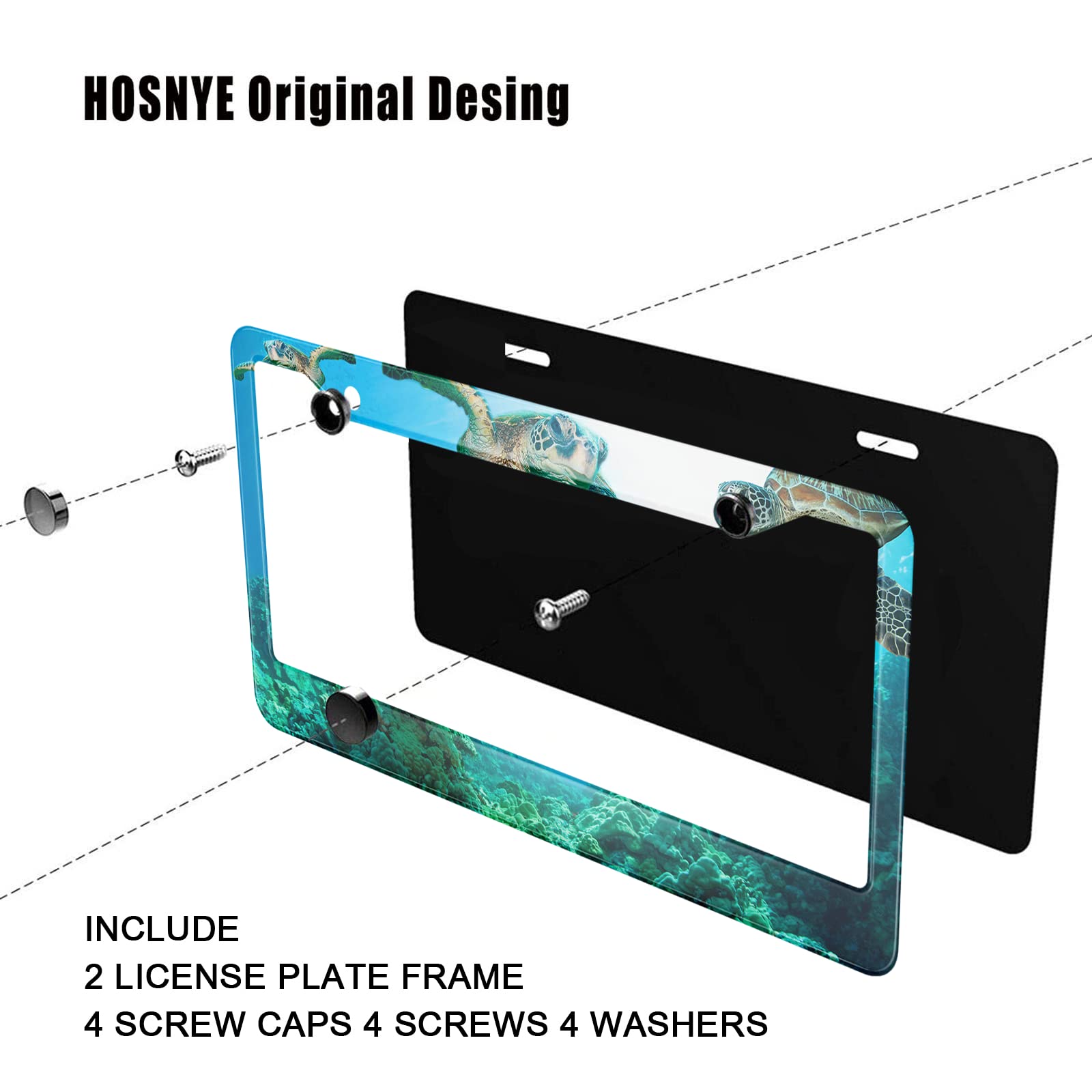HOSNYE Sea Turtle License Plate Frame Black 2 Pcs Ocean Seagrass Deep Sea Metal Cute Licenses Plates Frames Licenses Plate Cover