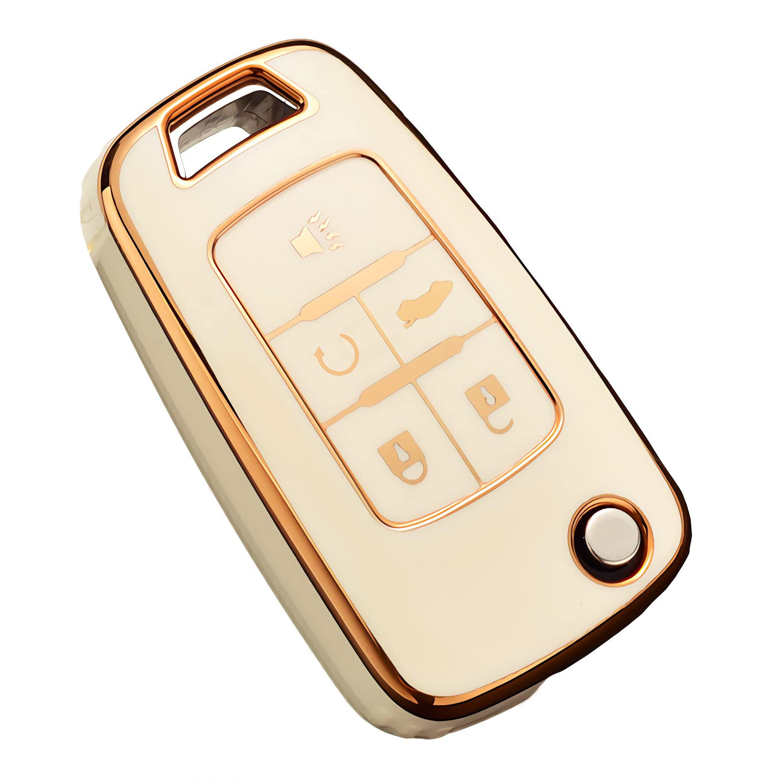 Cacacar For Chevy Key Fob Cover, Premium Tpu Full Protection Key Fob Case For Chevrolet Equinox Camaro Cruze Malibu Sonic Buick Terrain (5 Buttons Ivory)