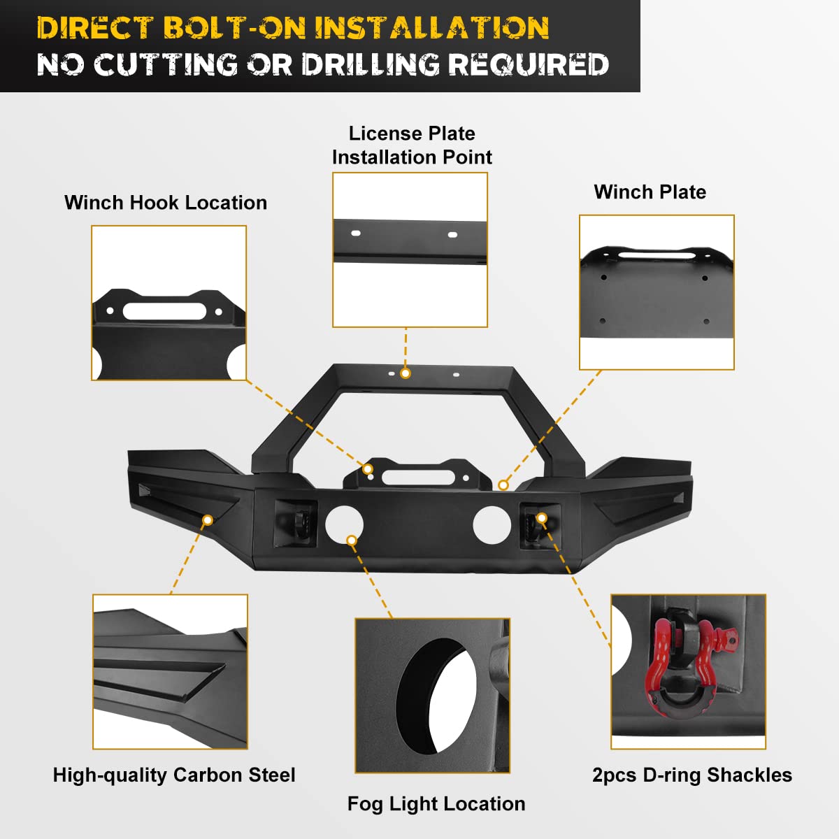 Front Bumper For Jeep 2007-2018 Wrangler Jk/Jku 4Wd 2Wd, Hawkley Full Width Bumper With Shackle Hole & Fog Lights Hole & Winch Plate Mounting, Off-Road Rock Crawler Bumper For Jk