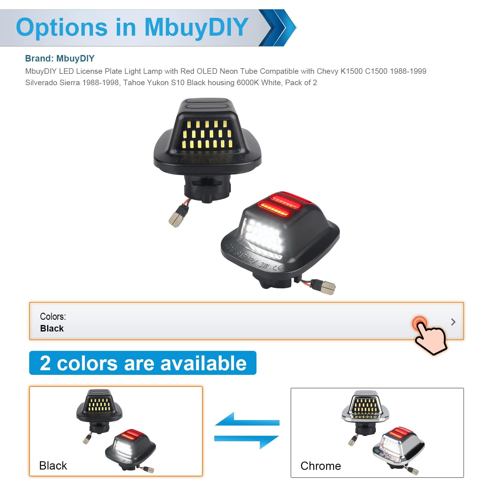 Mbuydiy Led License Plate Light Lamp With Red Oled Neon Tube Compatible With Chevy K1500 C1500 1988-1999, Silverado Sierra 1988-1998, Tahoe Yukon Suburban S10 Chrome Housing 6000K White, Pack Of 2