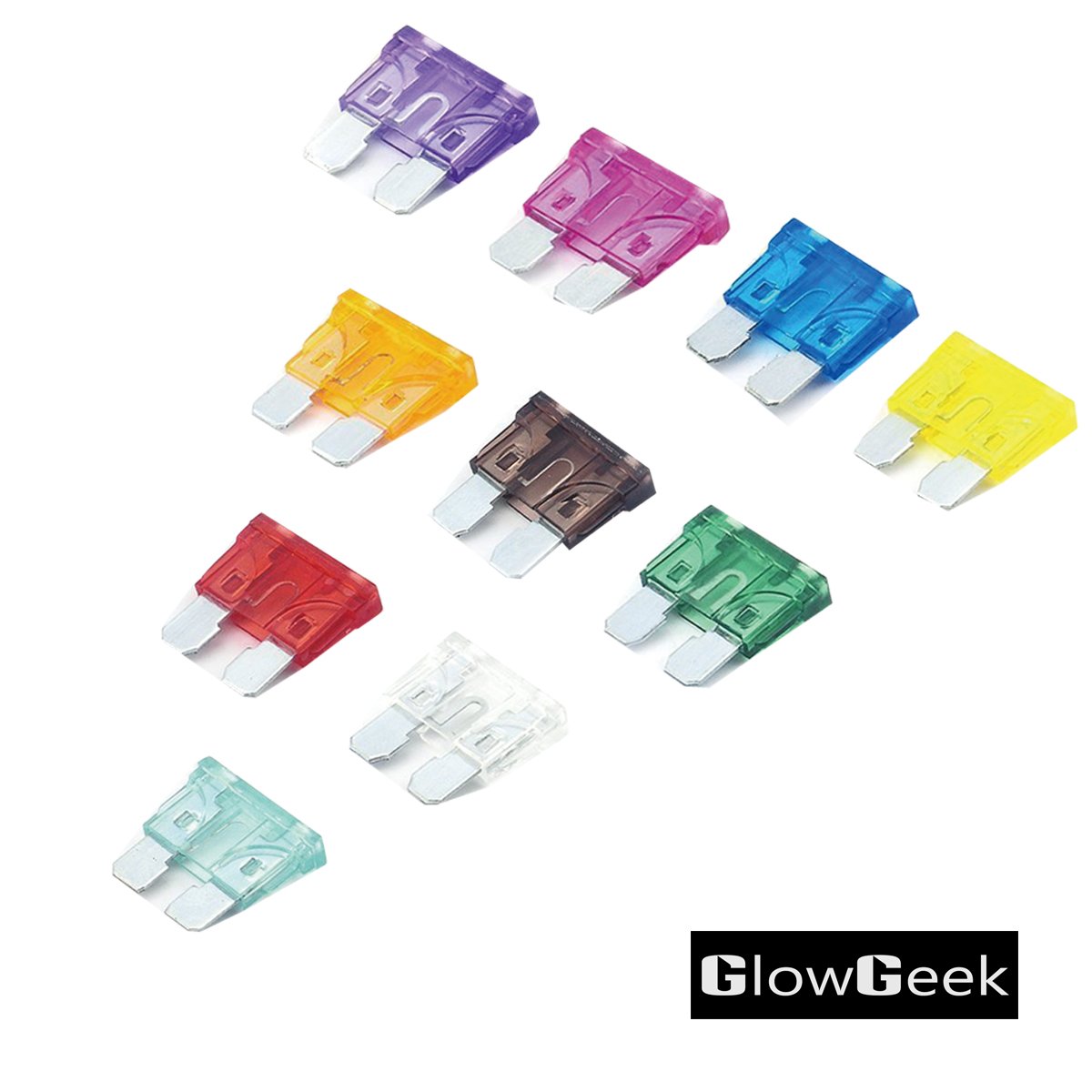 Glowgeek 100Pcs Assorted Auto Car Truck Standard Blade Fuse Assortment 2A 3A 5A 7.5 A 10A 15A 20A 25A 30A 35A Car Boat Truck Suv