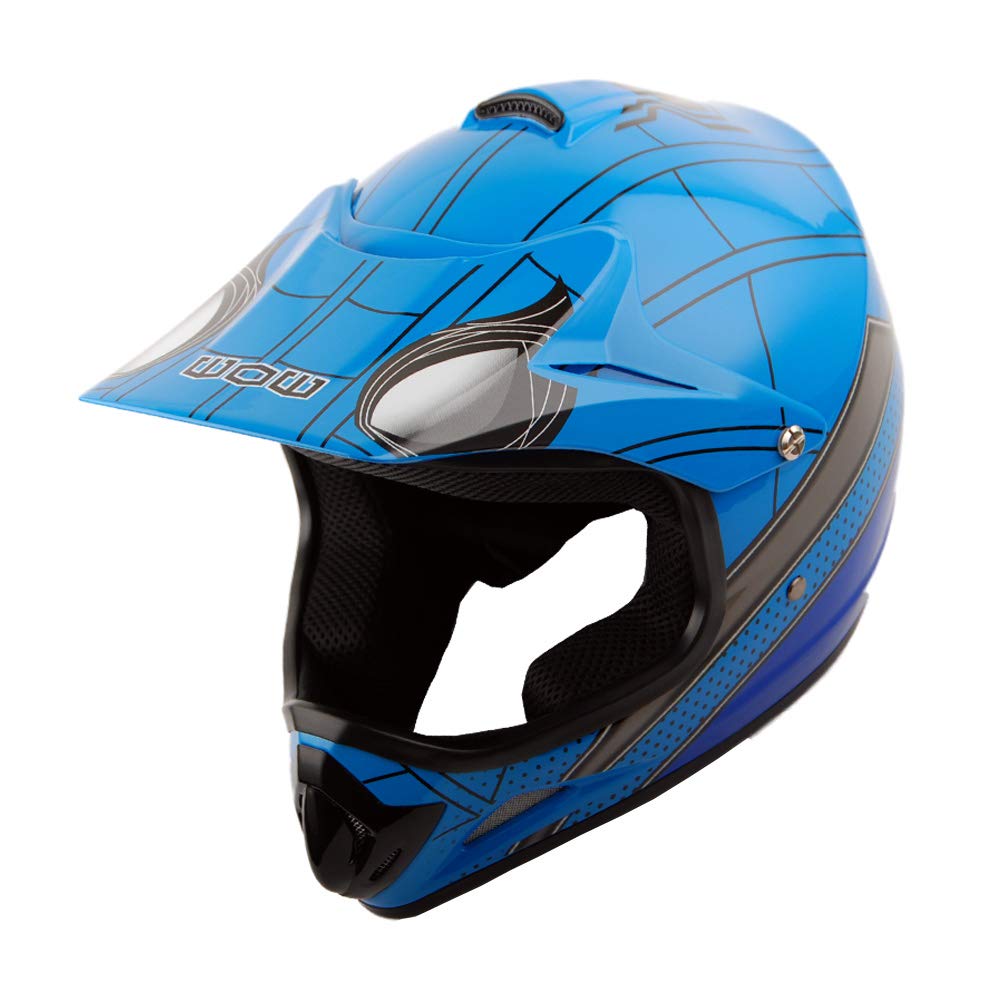 Wow Youth Kids Motocross Helmet Bmx Mx Atv Dirt Bike Helmet Spider Blue + Goggles + Mg Youth Blue Glove Bundle