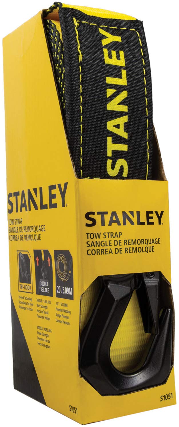 Stanley S1051 Black/Yellow 2'' X 20' Heavy-Duty Tow Strap With Tri-Hook - 3,000 Lb Working Load / 9,000 Lb Break Strength