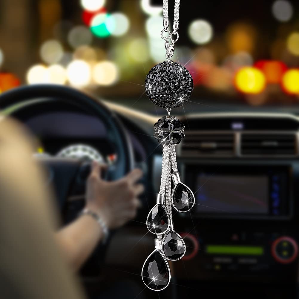 Otostar Bling Crystal Ball And Drops Car Hanging Accessories, Car Rear View Mirror Pendant Charms Interior Sun Catcher Ornament, Bling Car Accessories For Women Girls (Black)