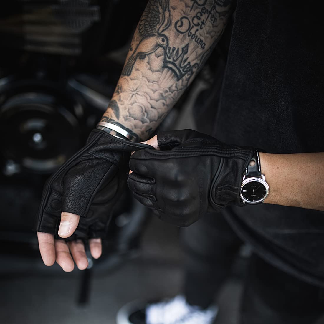 Harssidanzar Fingerless Motorcycle Gloves,For Mens Leather Riding Driving Gloves With Hand Knuckle Gm037,Black,Size, M