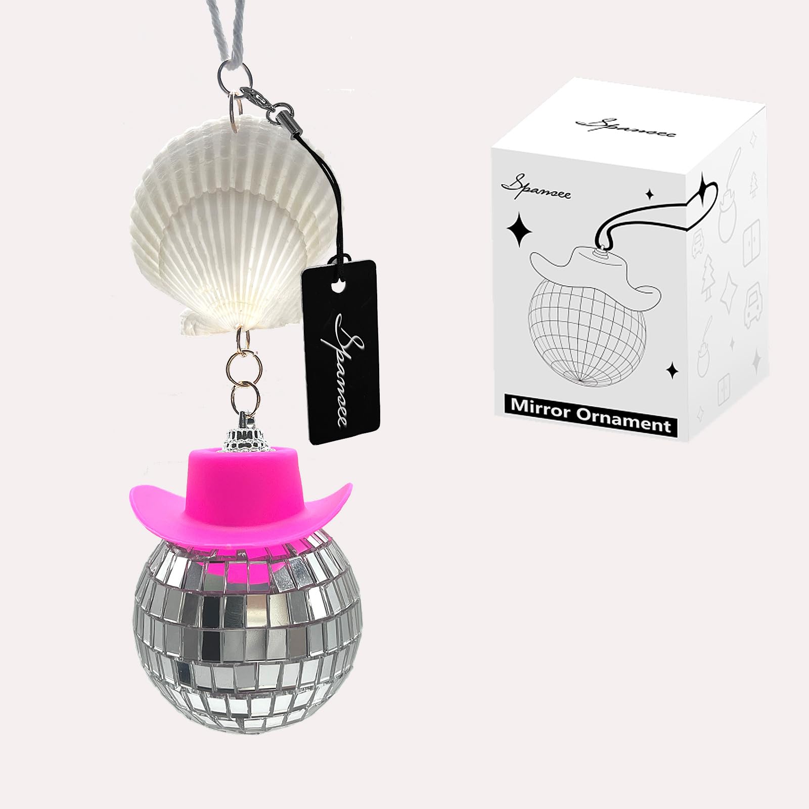 Spansee Pink Coastal Disco Ball For Car, Beach Car Accessories, Shell Car Charm, Disco Ball With Cowboy Hat, Disco Ball Car Accessory, Seashell Car Mirror Hanger, Car Mirror Hanging Accessories