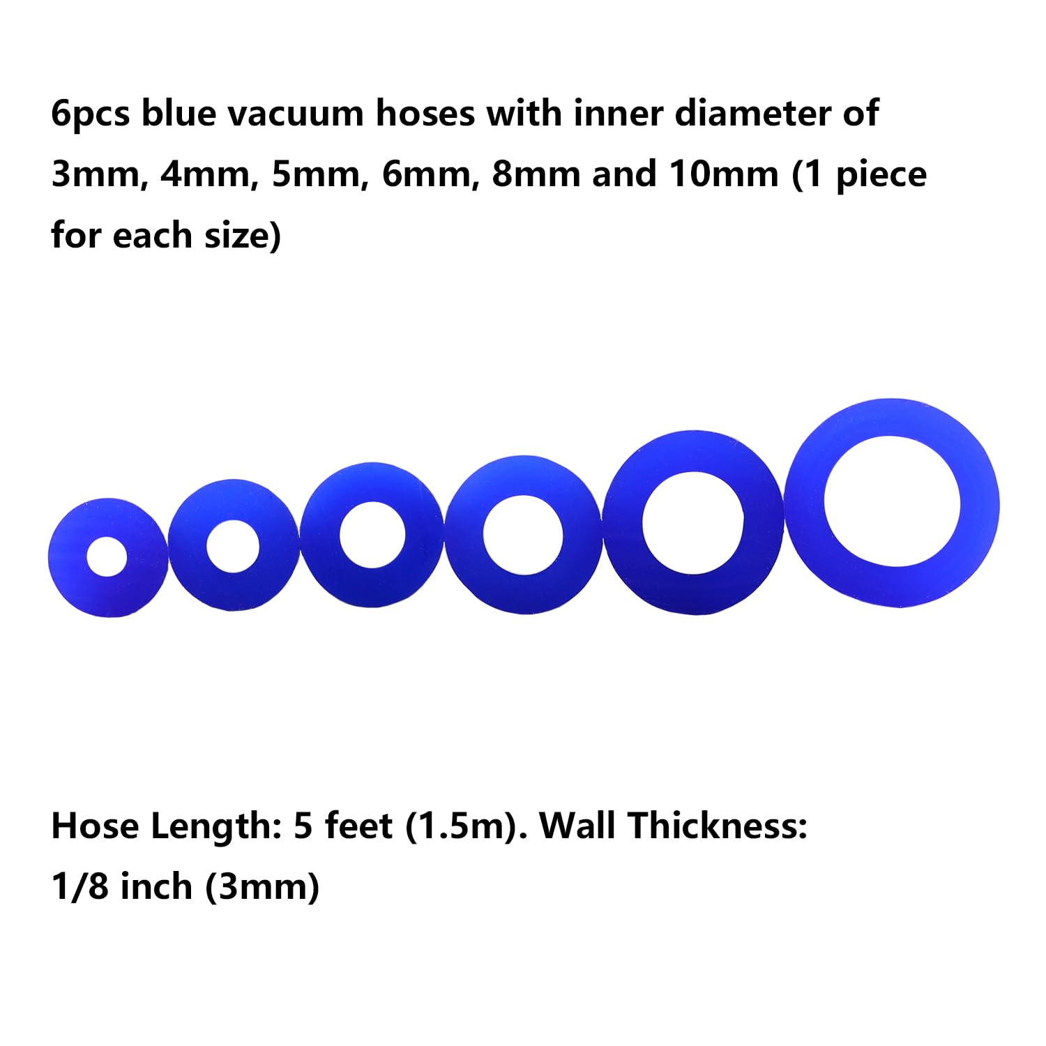 Ucreative 1/8'' 5/32'' 3/16'' 1/4'' 5/16'' 3/8'' Automotive Silicone Vacuum Tubing Hose Kit For Air And Water 6Pcs 10Ft (Blue)