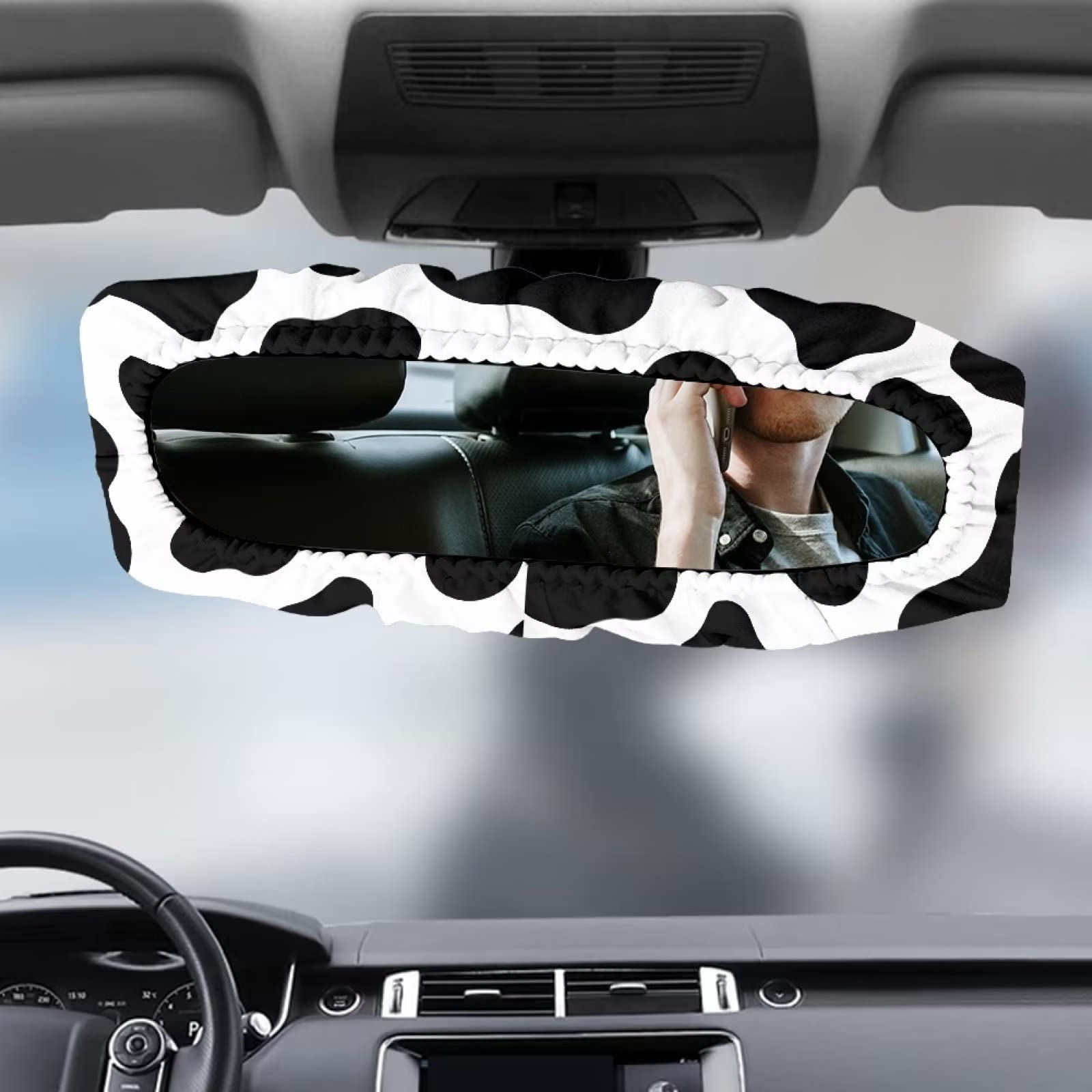 HUISEFOR Cow Print Car Rear View Mirror Cover Interior Mirror Accessories for Women, Fashion Elastic Rearview Mirror Sleeve Prot