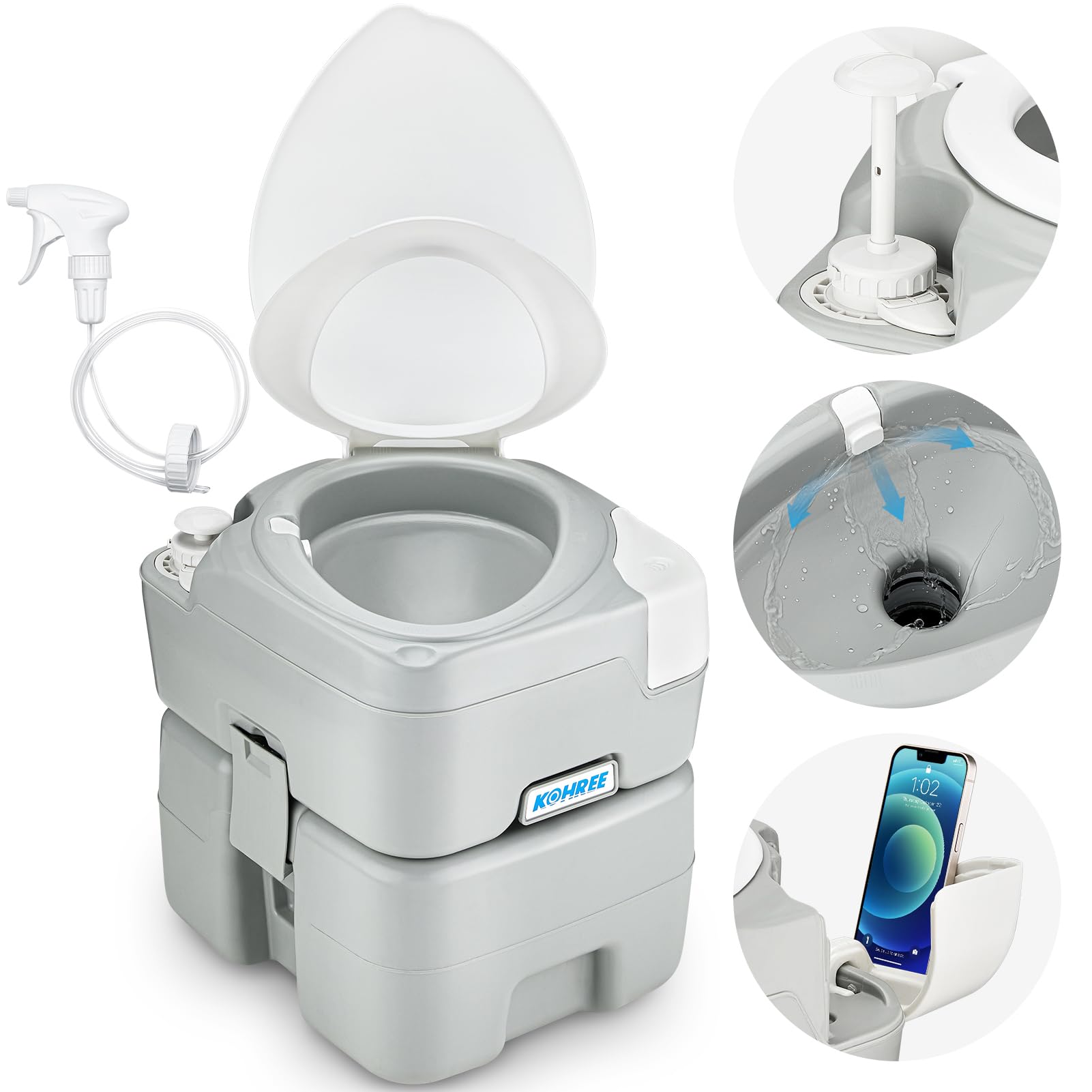 Kohree Camping Toilet Portable 5.3 Gal: 20L Porta Potty for Adults with Diagonal Elongated Bowl Seat - Handle Flush Pump Leak-Pr