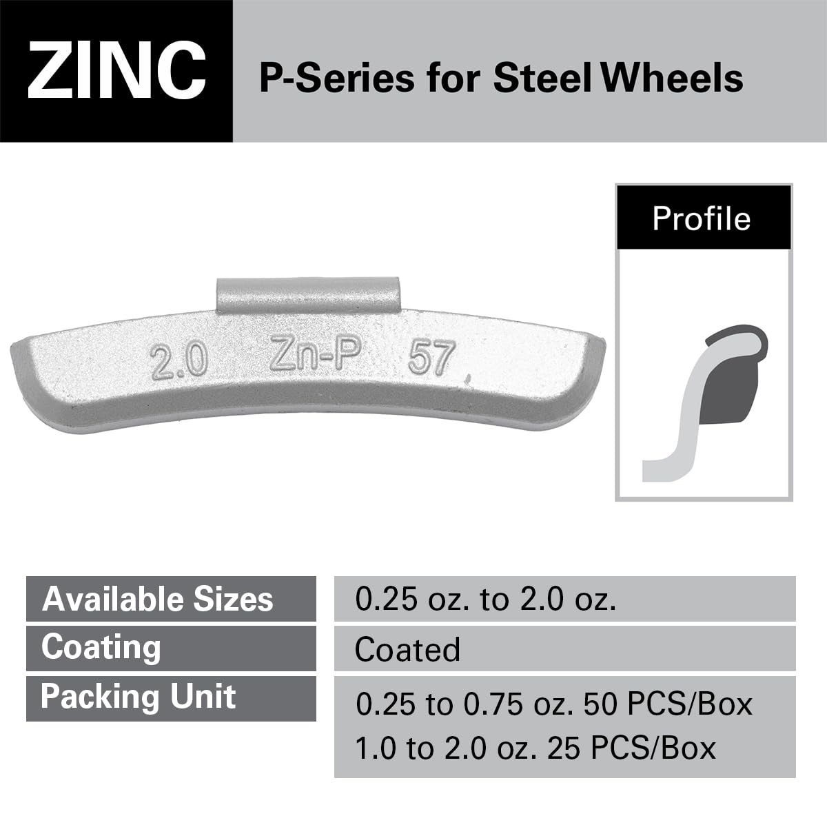 CKAuto P Series Zinc Clip on Wheel Weights 2.0oz, Coated, 25Pcs/Box Fit for Steel Wheel