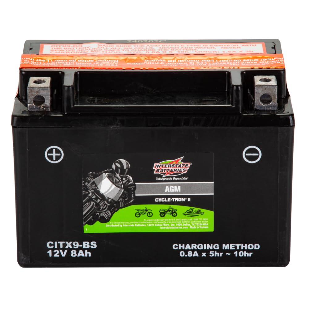 Interstate Batteries YTX9-BS 12V 8Ah AGM Motorcycle Battery Replacement for BMW, Honda, Kawasaki, ATVs, Scooters