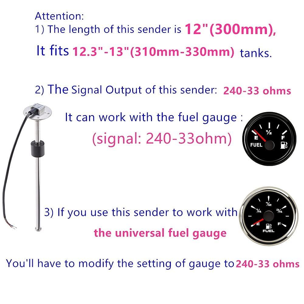 100TECH Fuel Sending Unit 240-33 ohms 12''(300mm Marine for Boat Vehicle Truck RV Fuel Tank Sending Unit Fuel Water Level Sendin