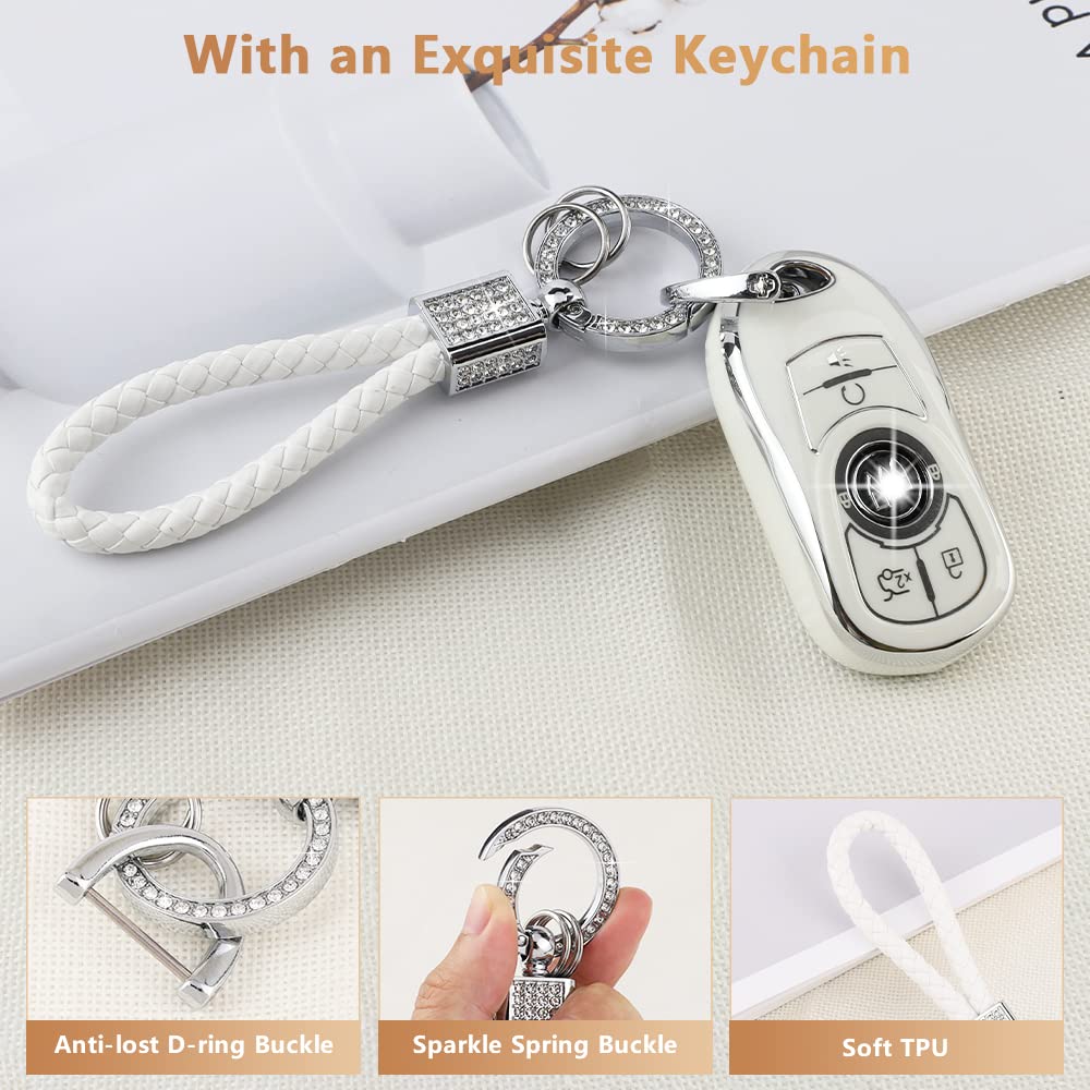 Pifoog White Key Fob Cover For Buick 6 Buttons Car Keys Shell Case Protector Soft Tpu Bling Keychain For Buick Enclave Encore Lacrosse Regal Envision Accessories Girly Women