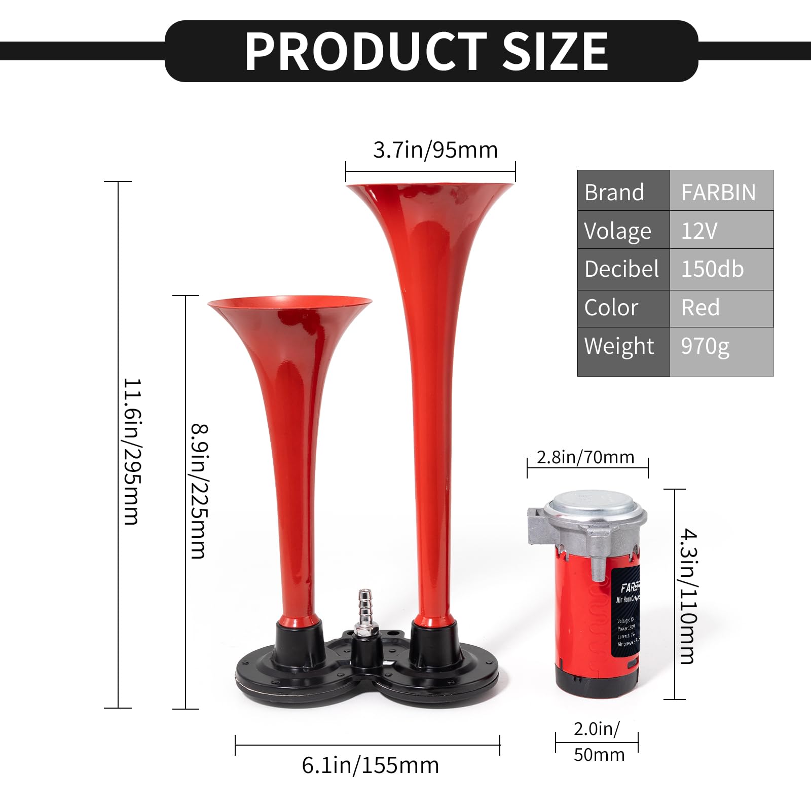 FARBIN 12V Super Loud Dual Trumpet Air Horn Kit - 150dB, Red Aluminum, Includes Compressor & Relay for Trucks, Vans & Vehicles